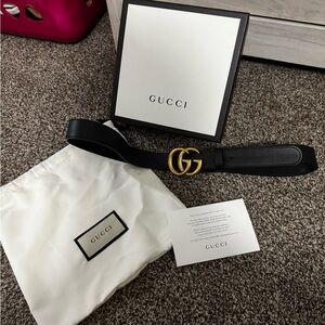 Gucci Women's Black Leather Belt with Gold GG Emblem
